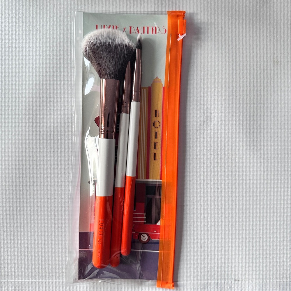 Luxie x PauTips Por La Noche 3pc Makeup Brush Set with Travel Pouch Orange White - Picture 2 of 5